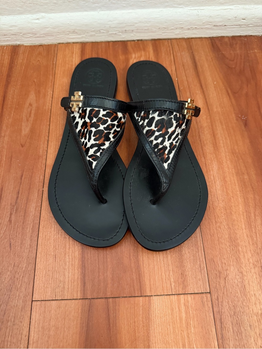 Tory Burch Black Leopard-Print Thong Sandals with Gold Logo
